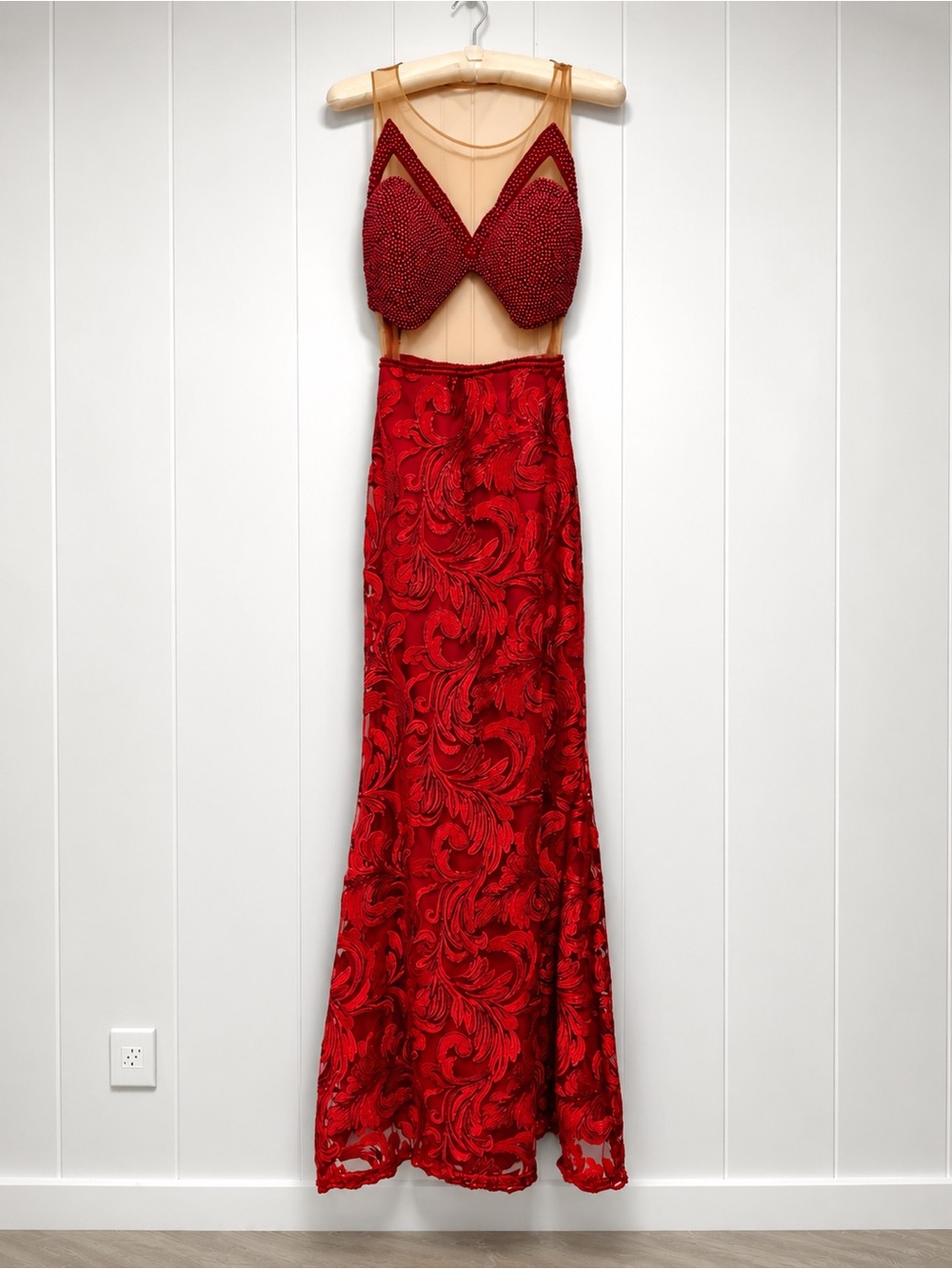 Red Beaded Lace Evening Dress Illusion Bodice‎ Mermaid Evening Formal Prom XS